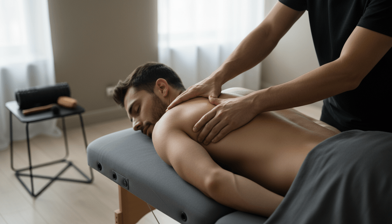 Massage therapist performing deep tissue recovery work on athlete's shoulder and upper back during professional therapy session Massage therapist performing deep tissue recovery work on athlete's shoulder and upper back during professional therapy session