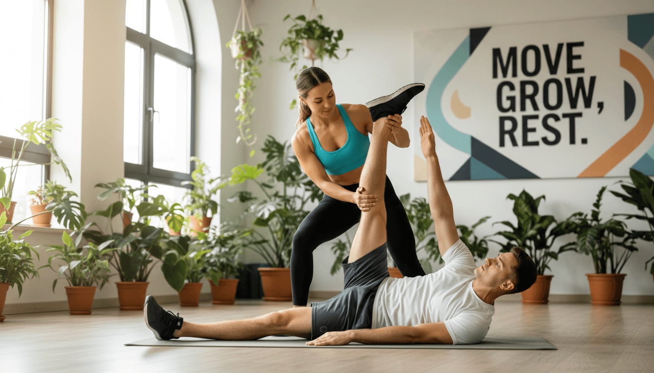 Coach assisting client with partner-assisted stretch in bright, plant-filled fitness studio Coach assisting client with partner-assisted stretch in bright, plant-filled fitness studio